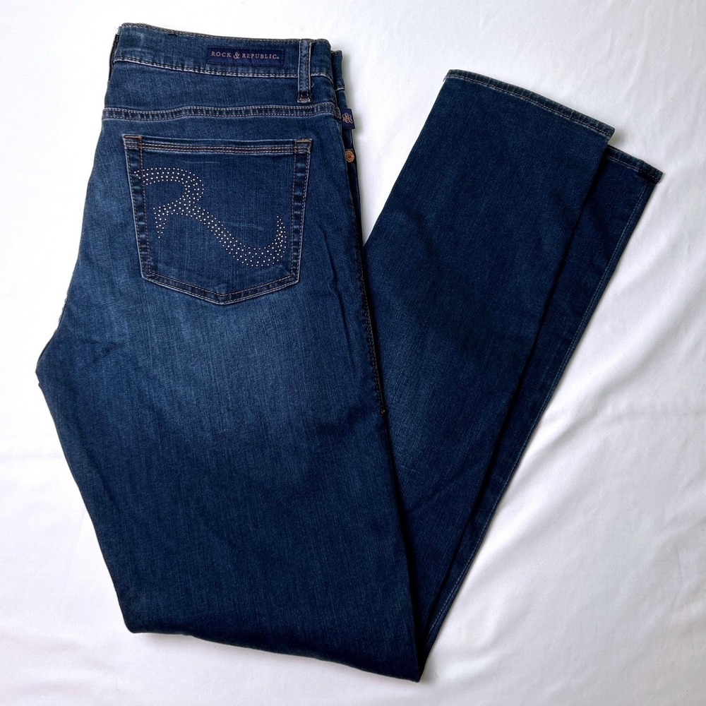 Rock & Republic Womens Berlin Mid Rise Straight Leg Jeans Size 12 Blue Stretch